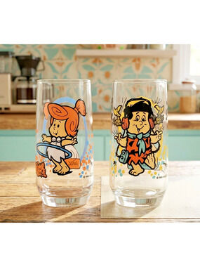 Vintage 1986 Pizza Hut The Flintstone Kids Glasses Set of 2 Pebbles Freddy Glass